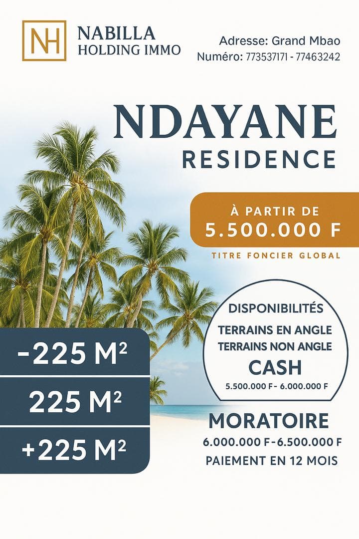 Offre de terrains de 225 m² à Ndayane